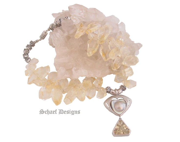 Citrine Nugget Necklace with Heart Shaped Blister Pearl & Trillion Cut Citrine Pendant
